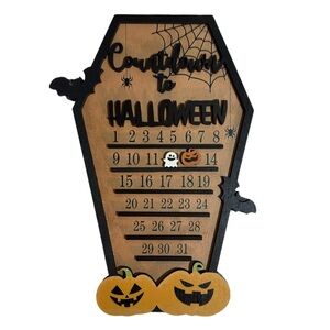NWT Countdown to‎ Halloween Calendar Wooden Advent Coffin Shaped Wall Decor